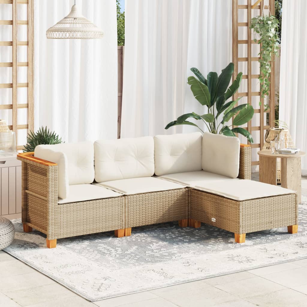 Set Divano da Giardino 4 pz con Cuscini Beige in Polyrattan