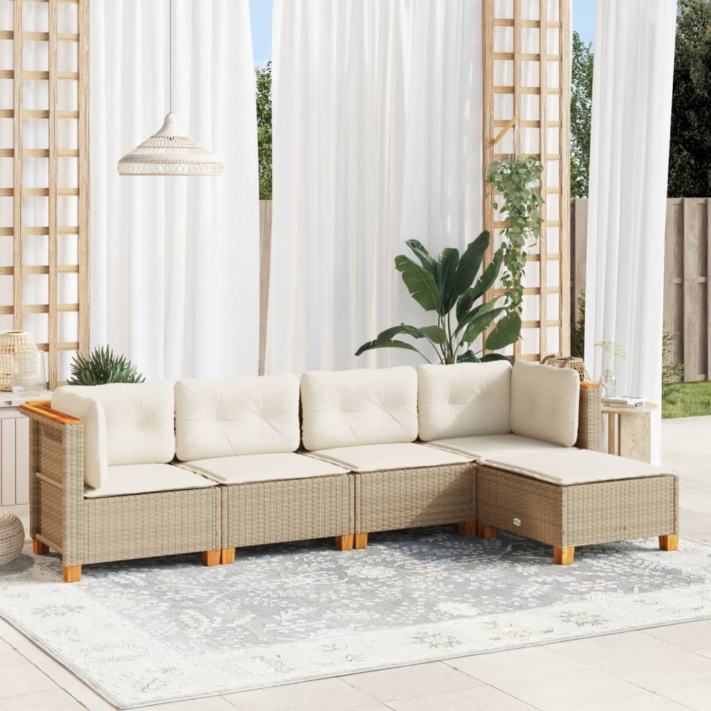 Set Divano da Giardino 5 pz con Cuscini Beige in Polyrattan