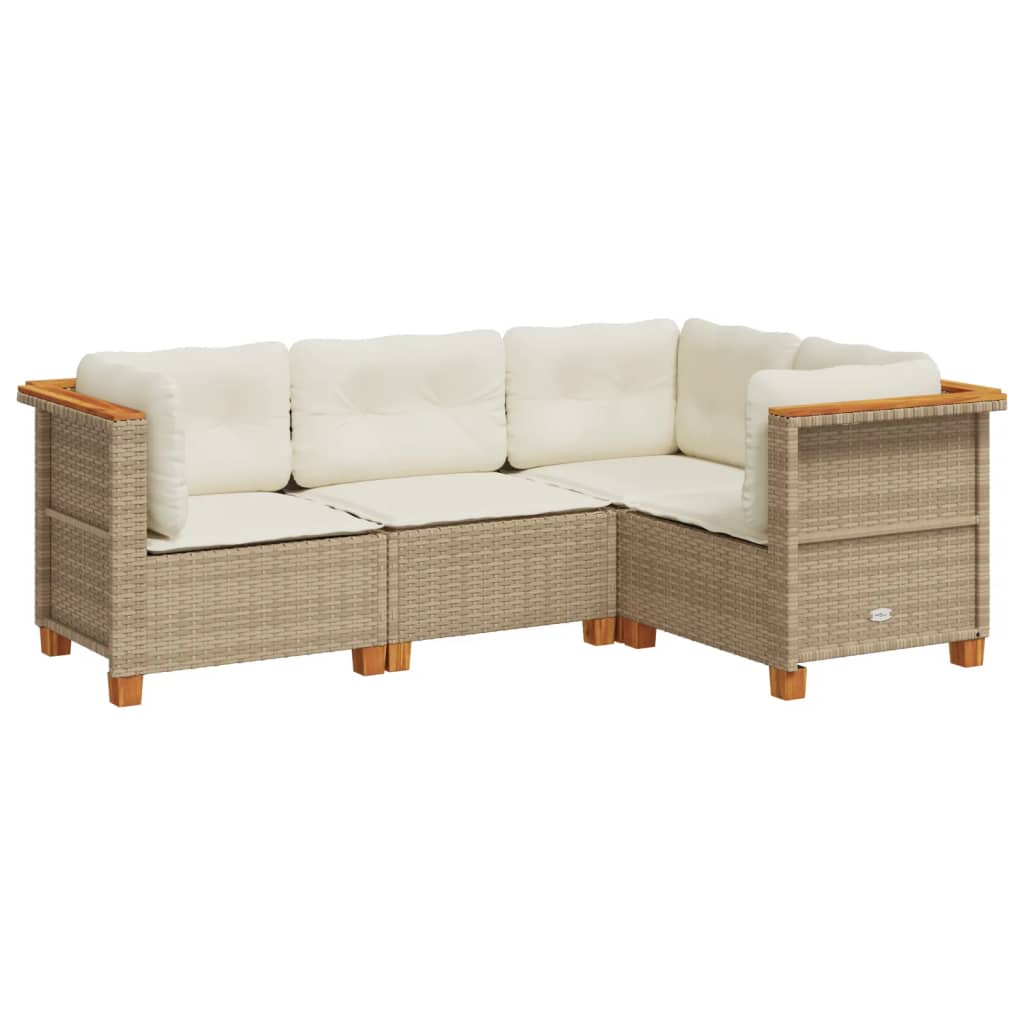 Set Divano da Giardino 4 pz con Cuscini Beige in Polyrattan