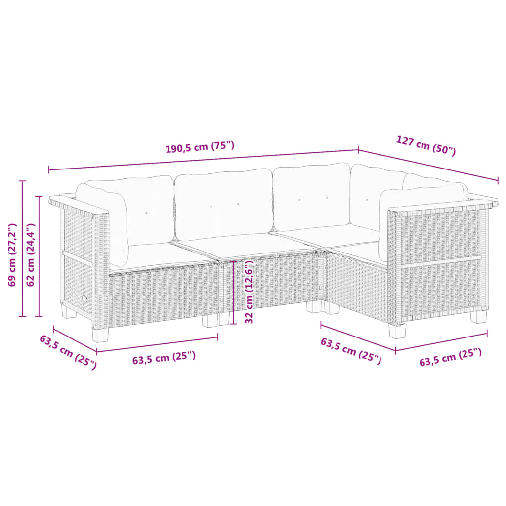 Set Divano da Giardino 4 pz con Cuscini Beige in Polyrattan