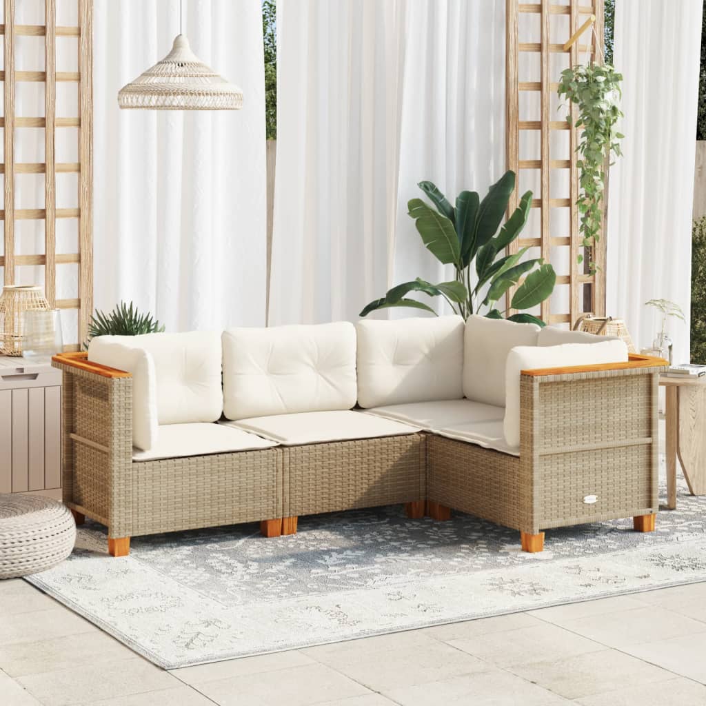 Set Divano da Giardino 4 pz con Cuscini Beige in Polyrattan