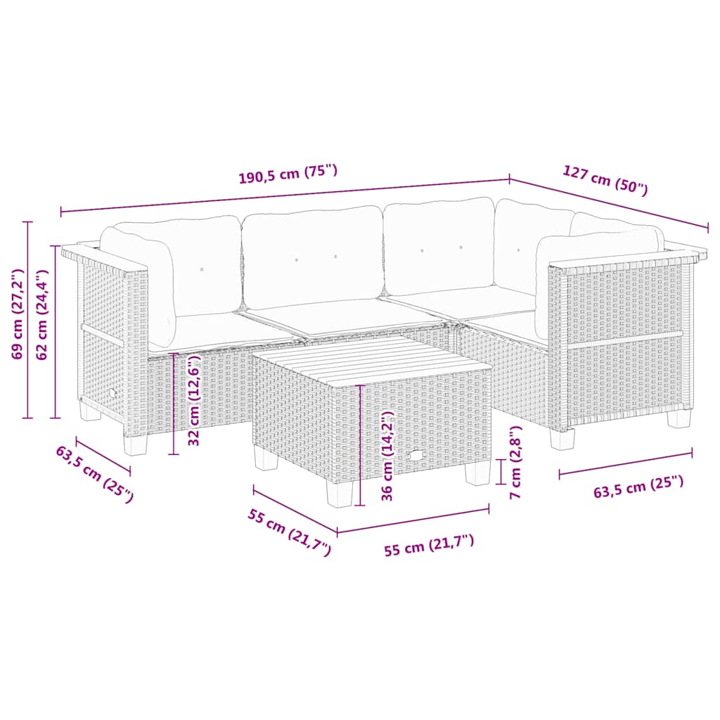 Set Divano da Giardino 5 pz con Cuscini Beige in Polyrattan