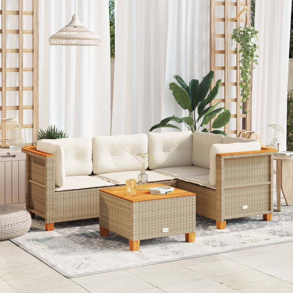 Set Divano da Giardino 5 pz con Cuscini Beige in Polyrattan