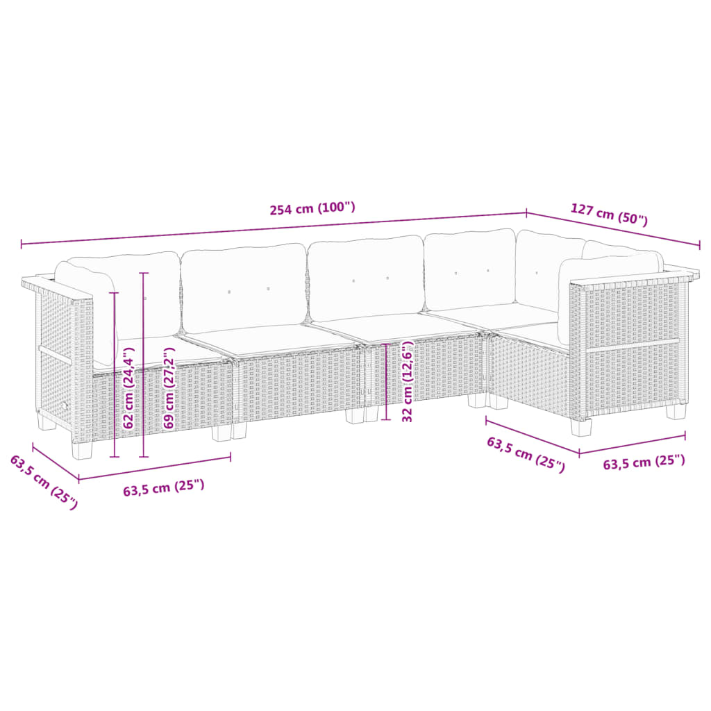 Set Divano da Giardino 5 pz con Cuscini Beige in Polyrattan