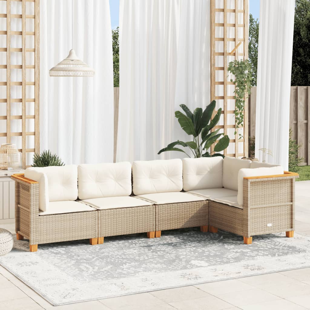 Set Divano da Giardino 5 pz con Cuscini Beige in Polyrattan