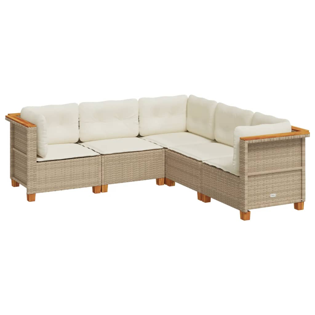 Set Divano da Giardino 5 pz con Cuscini Beige in Polyrattan