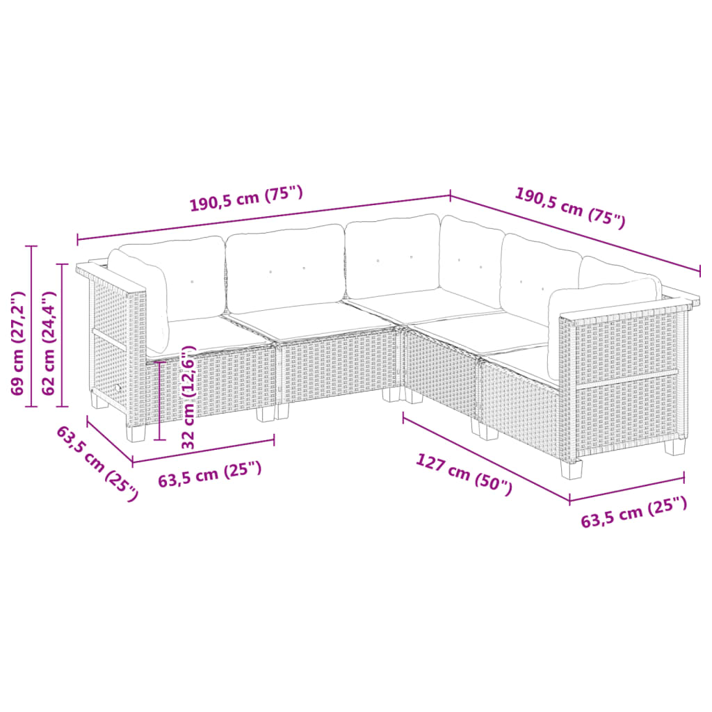 Set Divano da Giardino 5 pz con Cuscini Beige in Polyrattan