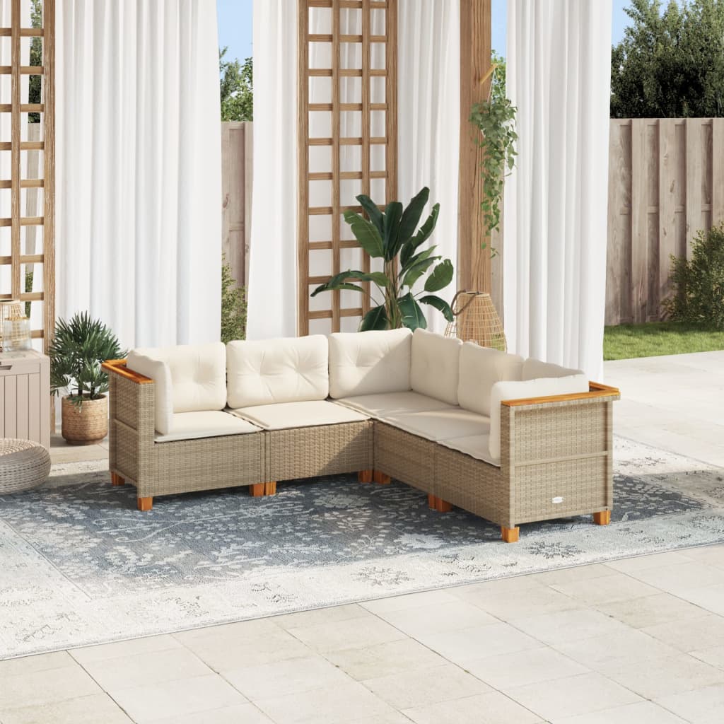 Set Divano da Giardino 5 pz con Cuscini Beige in Polyrattan