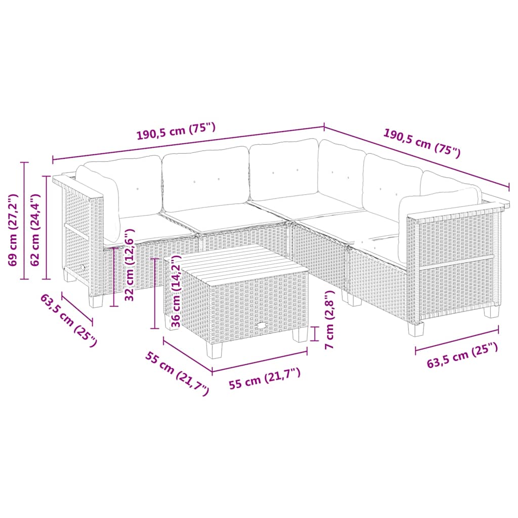 Set Divano da Giardino 6 pz con Cuscini Beige in Polyrattan