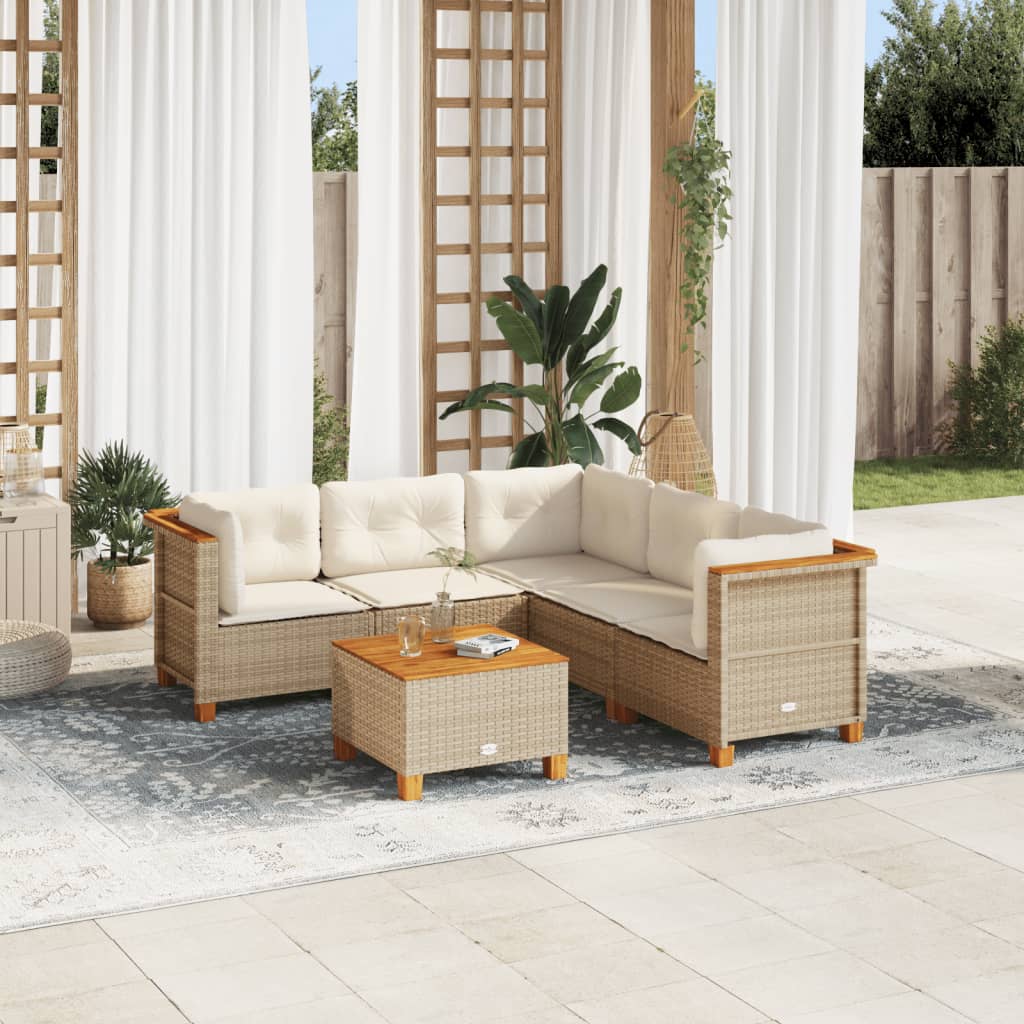 Set Divano da Giardino 6 pz con Cuscini Beige in Polyrattan