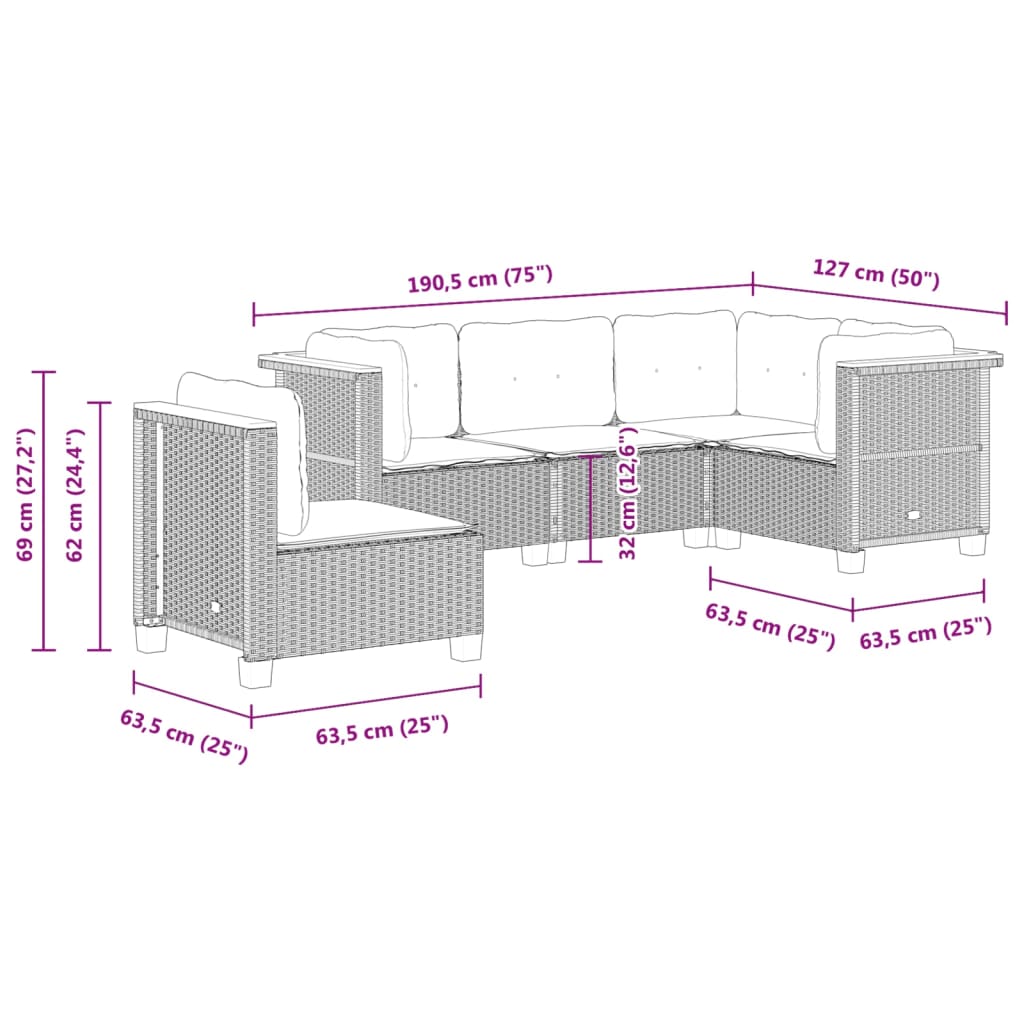 Set Divano da Giardino 5 pz con Cuscini Beige in Polyrattan