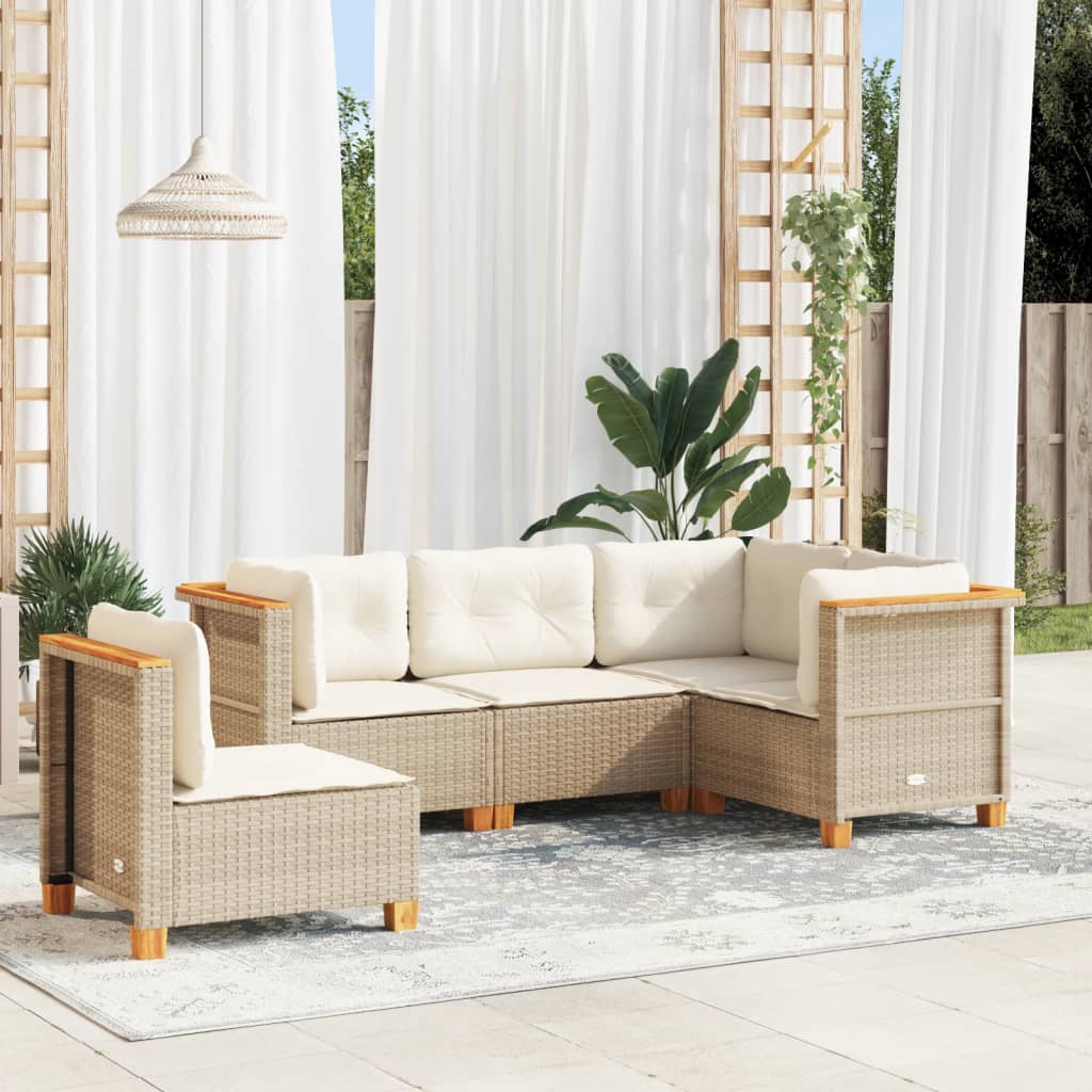 Set Divano da Giardino 5 pz con Cuscini Beige in Polyrattan