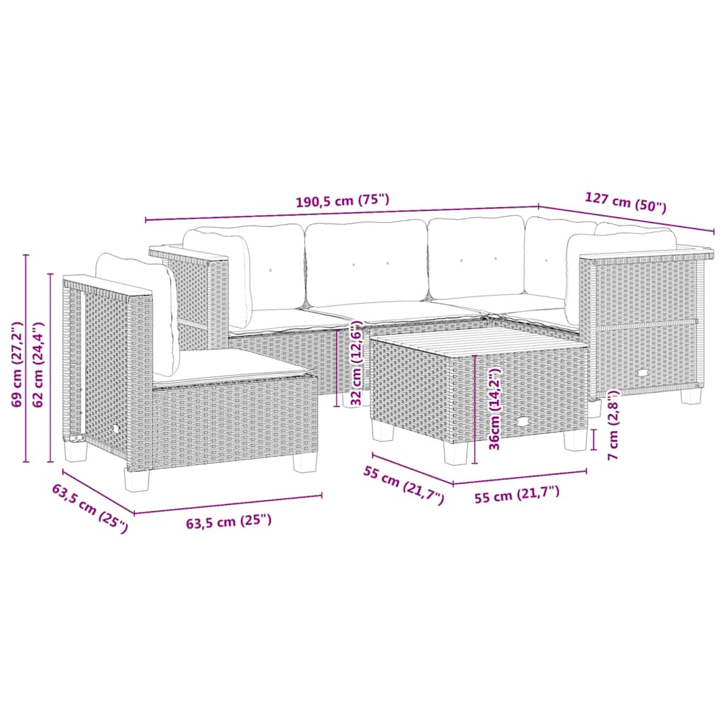 Set Divano da Giardino 6 pz con Cuscini Beige in Polyrattan