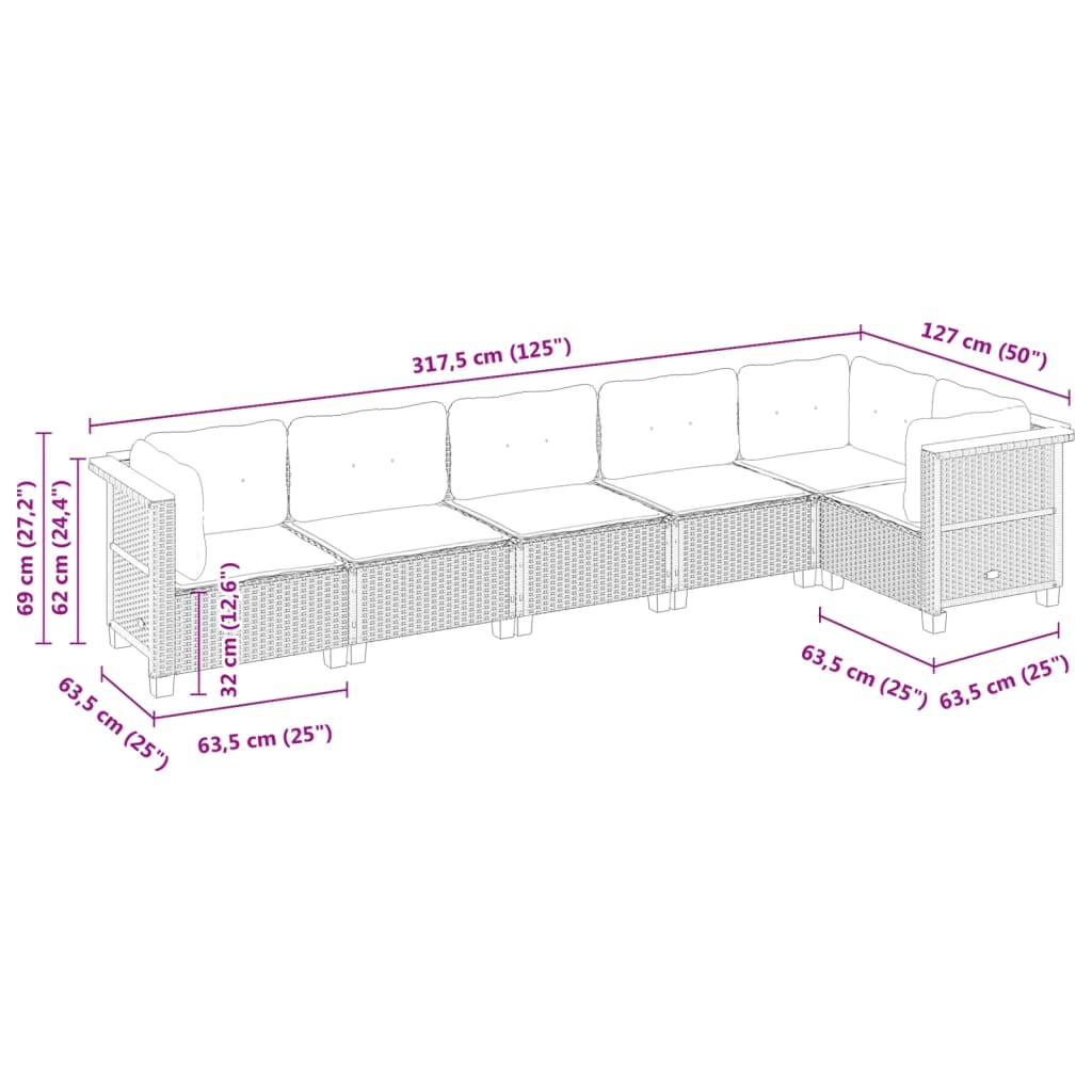 Set Divano da Giardino 6 pz con Cuscini Beige in Polyrattan