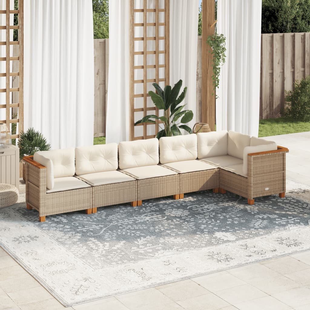 Set Divano da Giardino 6 pz con Cuscini Beige in Polyrattan