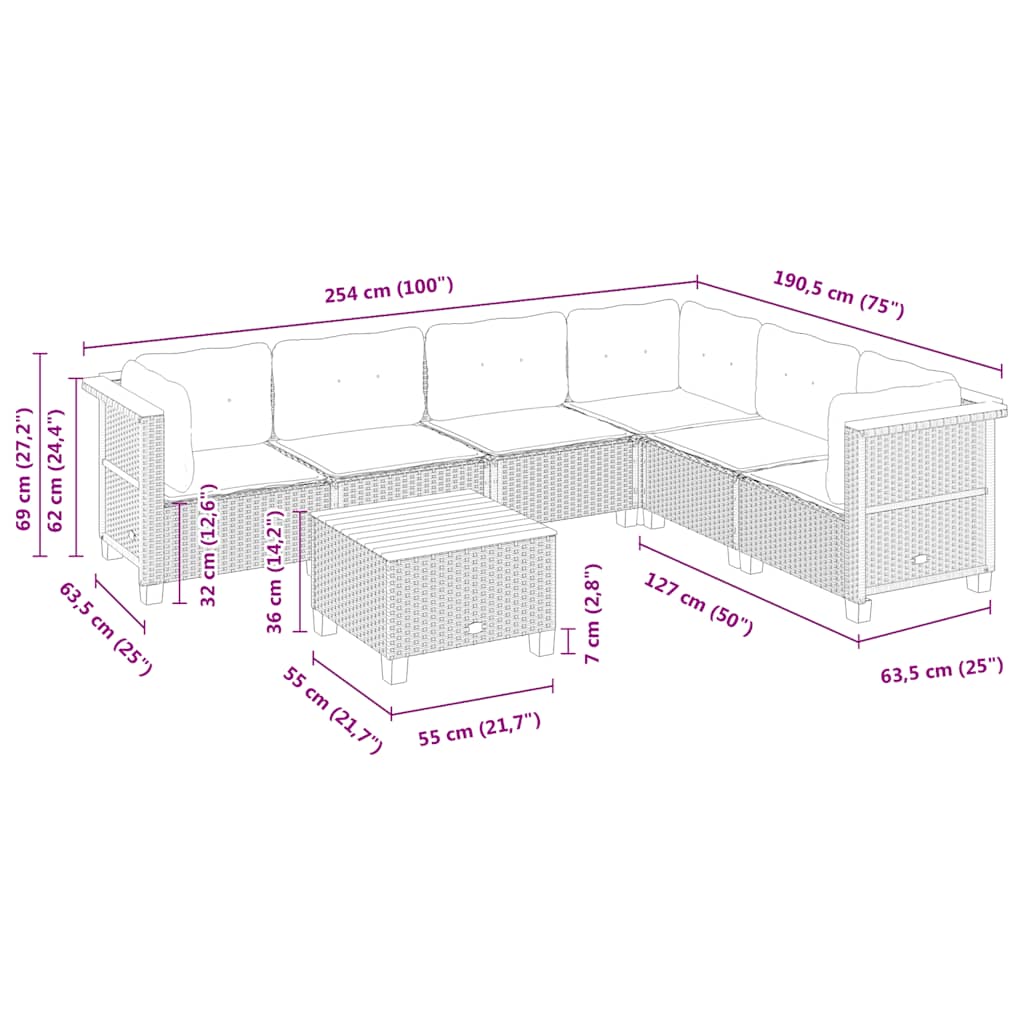 Set Divani da Giardino 7 pz con Cuscini Beige in Polyrattan