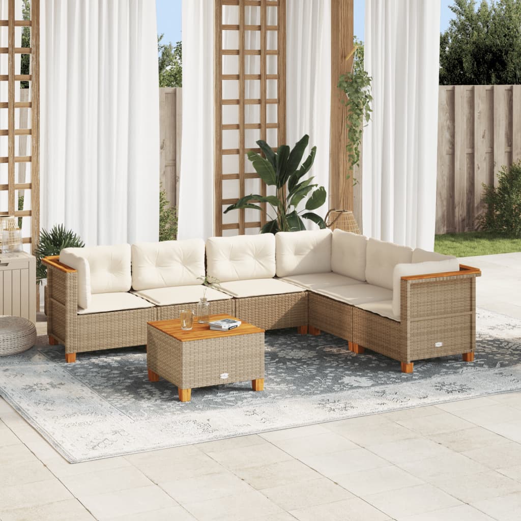 Set Divani da Giardino 7 pz con Cuscini Beige in Polyrattan