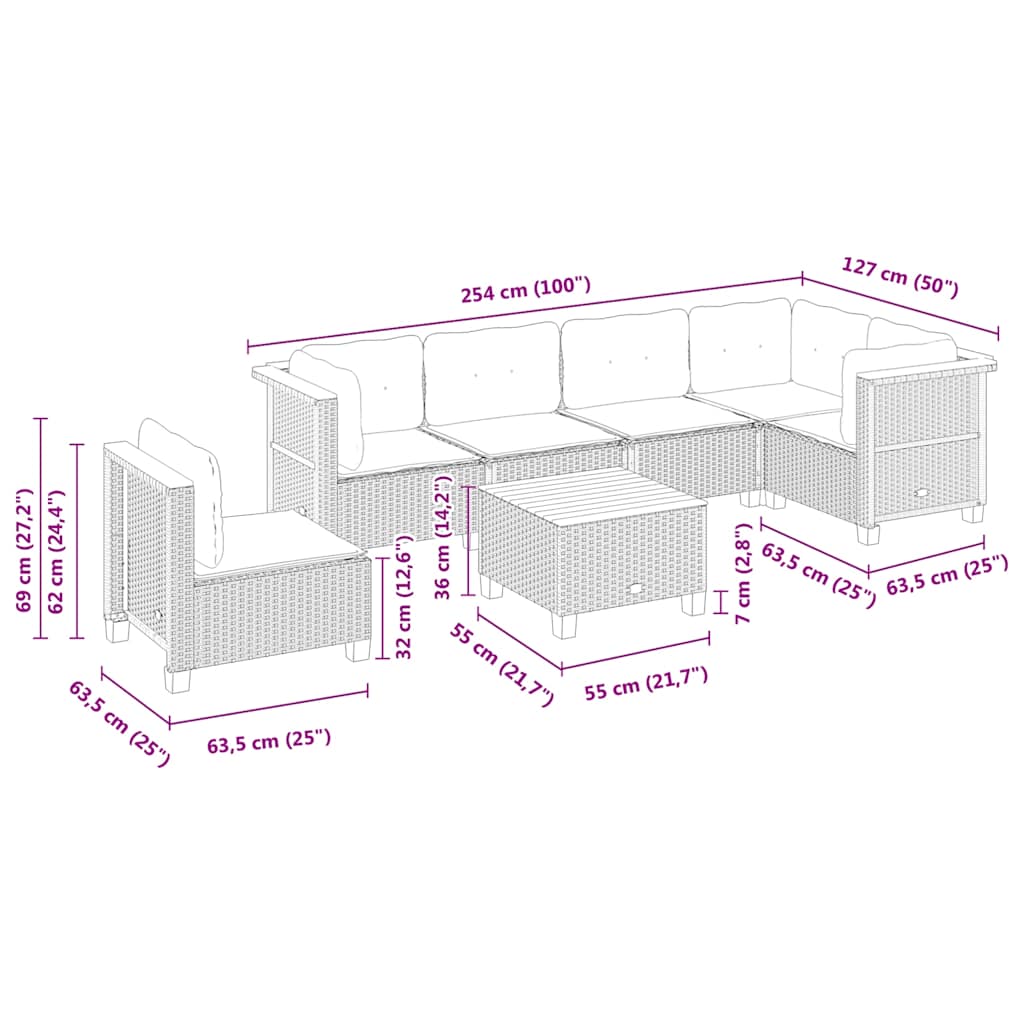 Set Divani da Giardino 7 pz con Cuscini Beige in Polyrattan