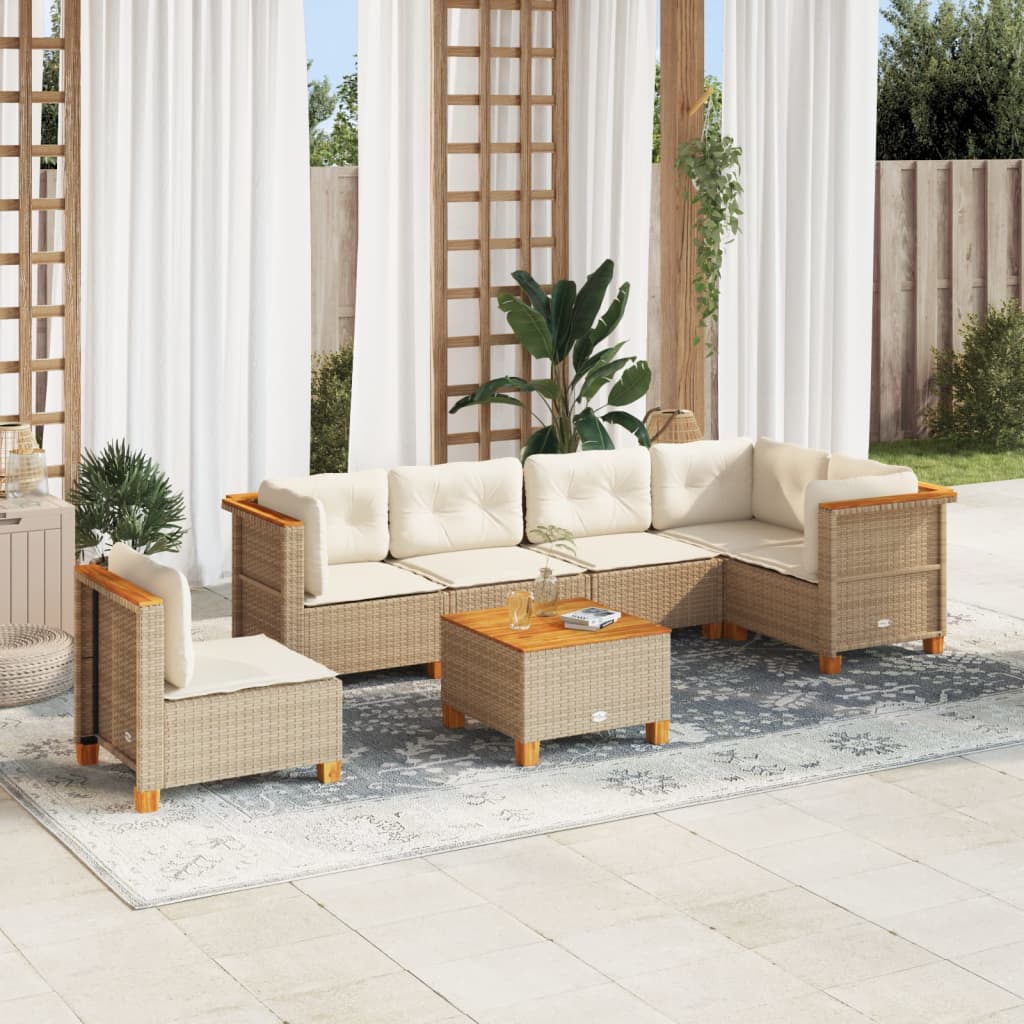 Set Divani da Giardino 7 pz con Cuscini Beige in Polyrattan