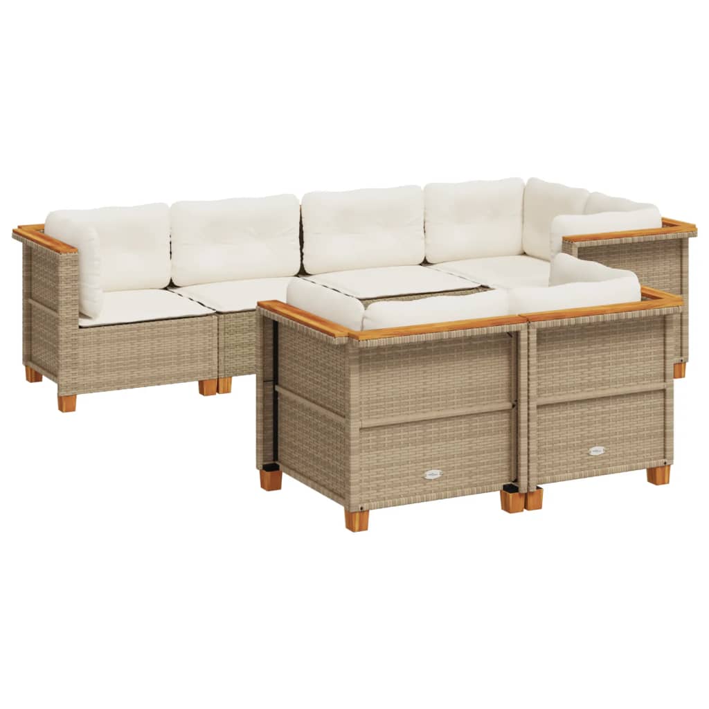 Set Divani da Giardino 7 pz con Cuscini Beige in Polyrattan