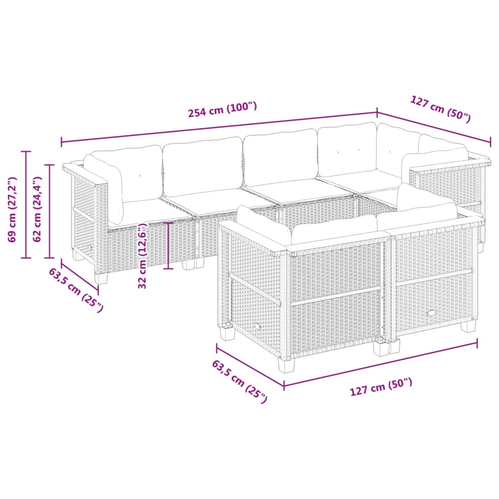 Set Divani da Giardino 7 pz con Cuscini Beige in Polyrattan