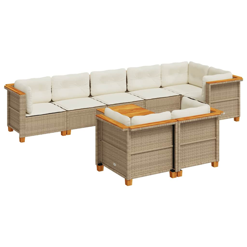 Set Divano da Giardino 9 pz con Cuscini Beige in Polyrattan