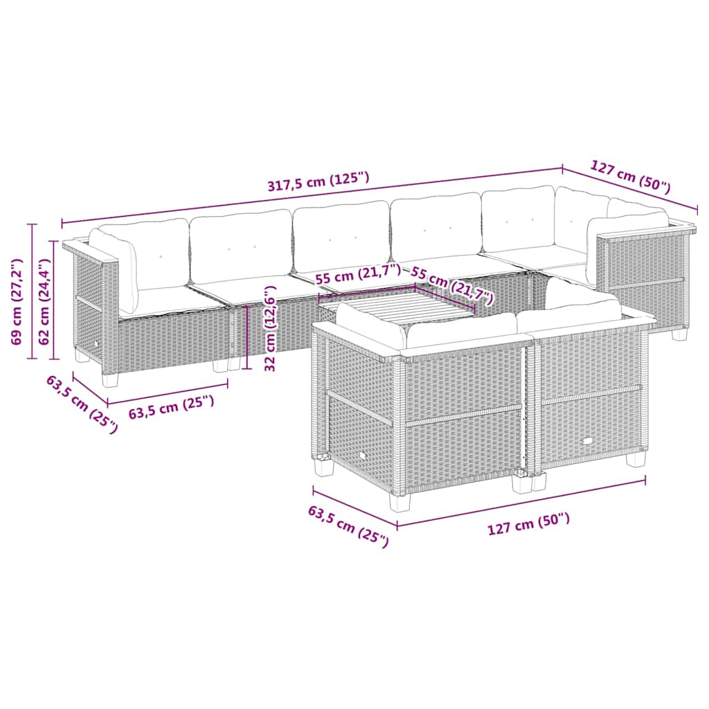 Set Divano da Giardino 9 pz con Cuscini Beige in Polyrattan