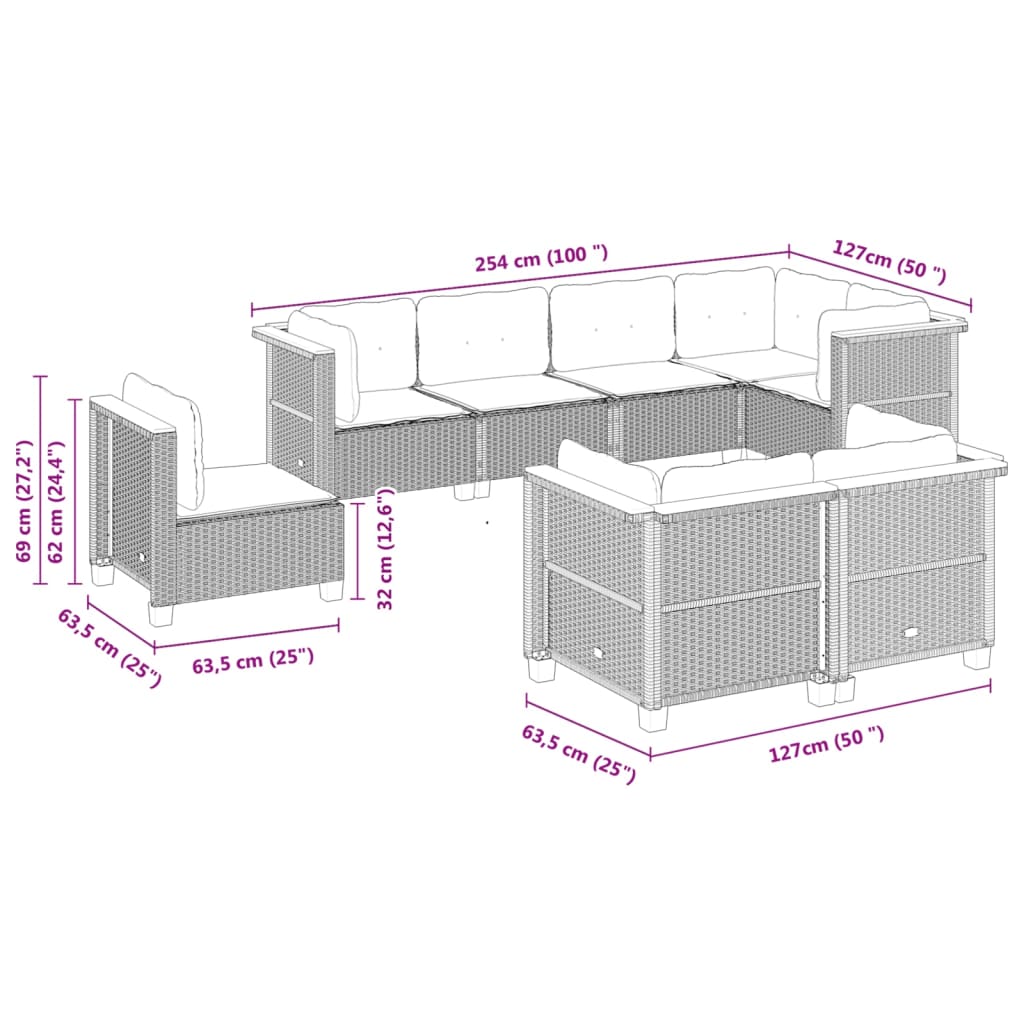 Set Divano da Giardino 8 pz con Cuscini Beige in Polyrattan