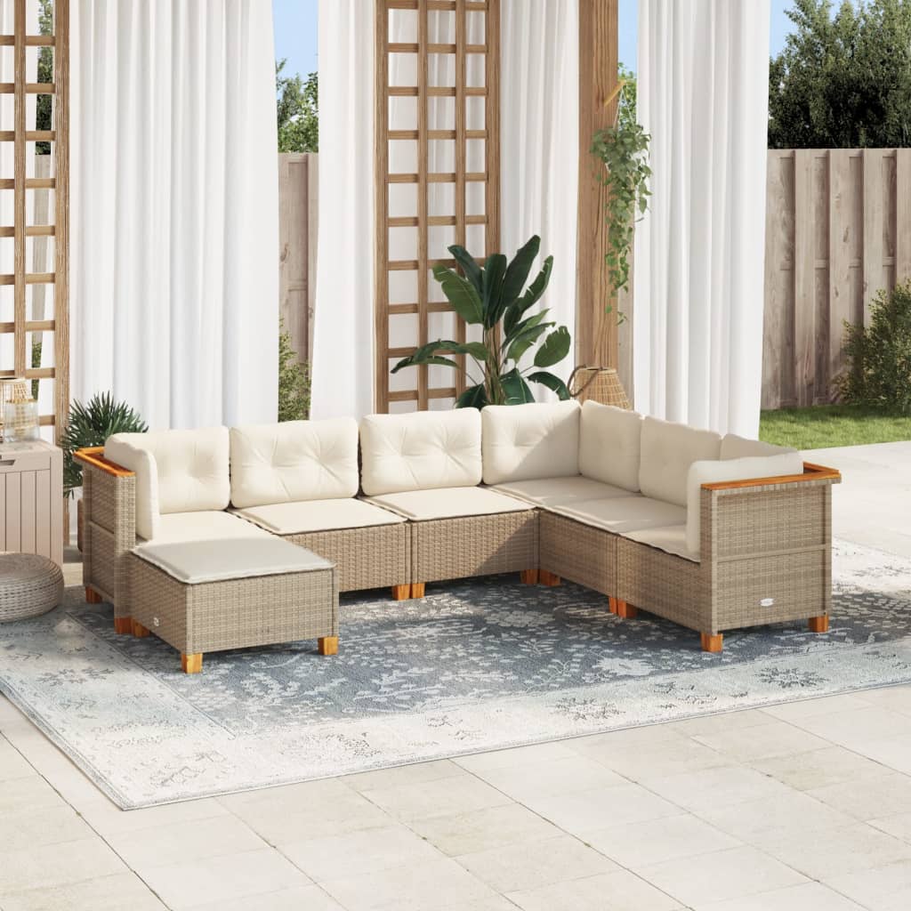 Set Divani da Giardino 7 pz con Cuscini Beige in Polyrattan