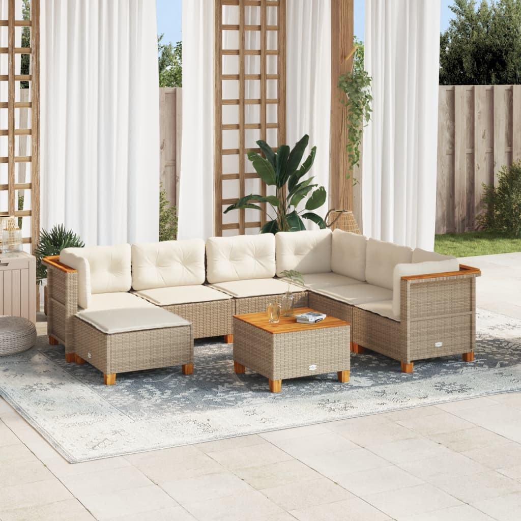 Set Divano da Giardino 8 pz con Cuscini Beige in Polyrattan