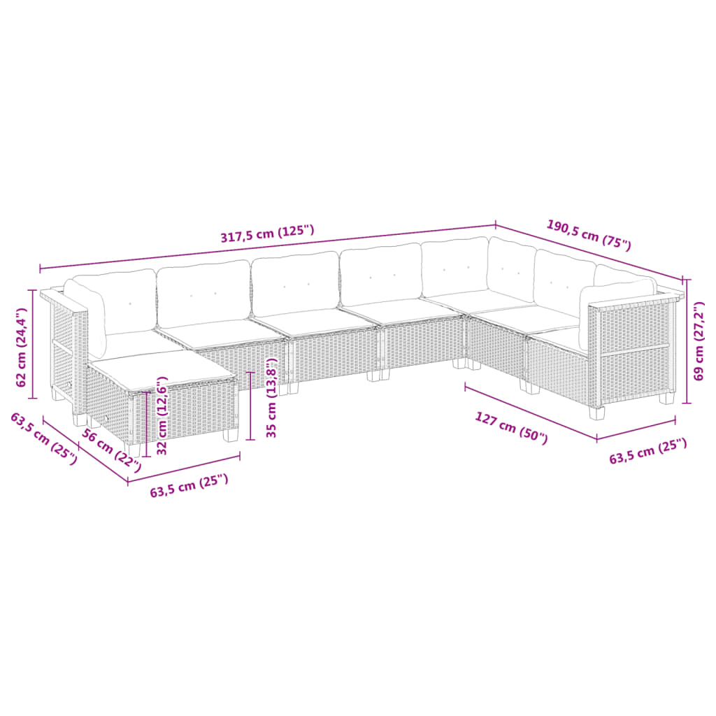 Set Divano da Giardino 8 pz con Cuscini Beige in Polyrattan