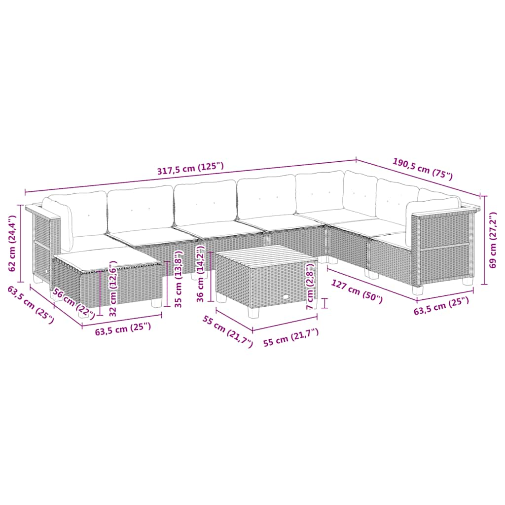 Set Divano da Giardino 9 pz con Cuscini Beige in Polyrattan