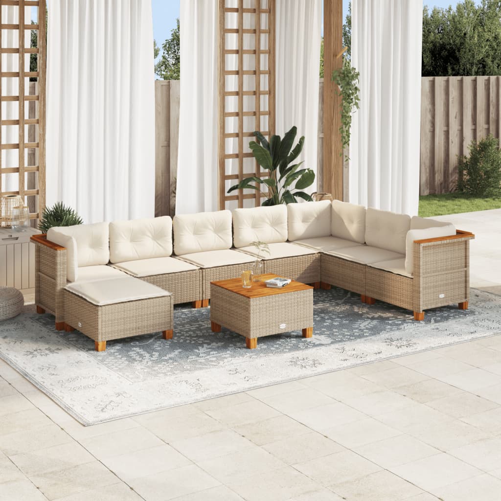 Set Divano da Giardino 9 pz con Cuscini Beige in Polyrattan