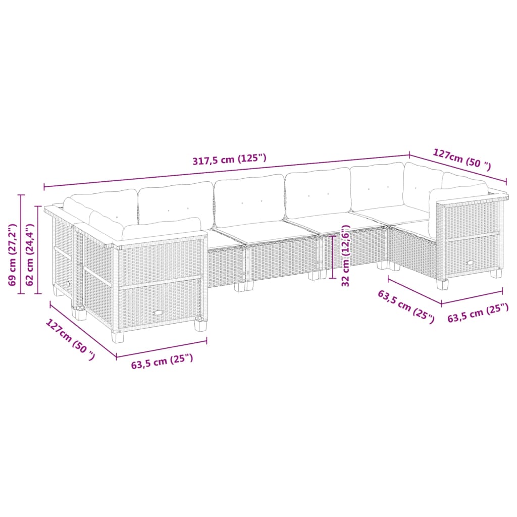 Set Divani da Giardino 7 pz con Cuscini Beige in Polyrattan