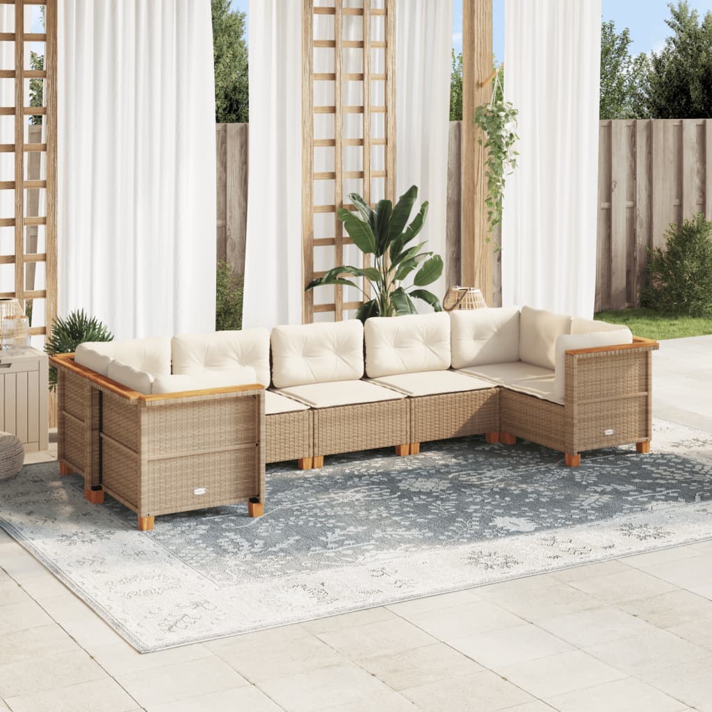 Set Divani da Giardino 7 pz con Cuscini Beige in Polyrattan