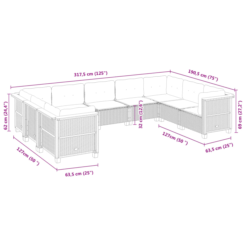 Set Divano da Giardino 9 pz con Cuscini Beige in Polyrattan