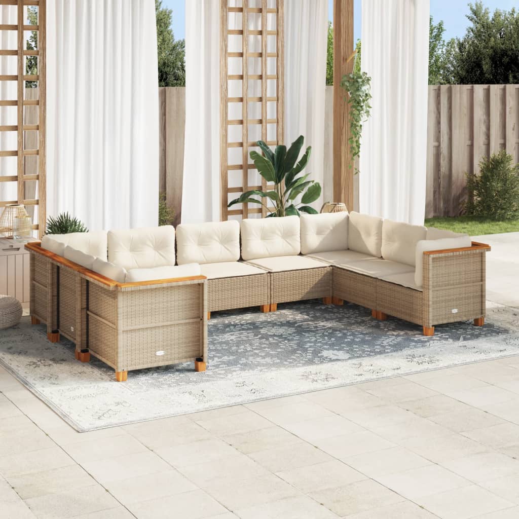 Set Divano da Giardino 9 pz con Cuscini Beige in Polyrattan