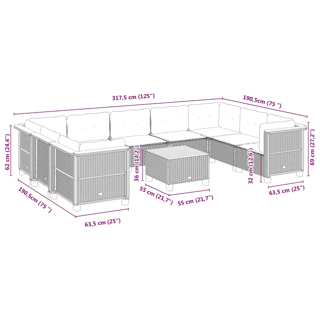 Set Divano da Giardino 10 pz con Cuscini Beige in Polyrattan