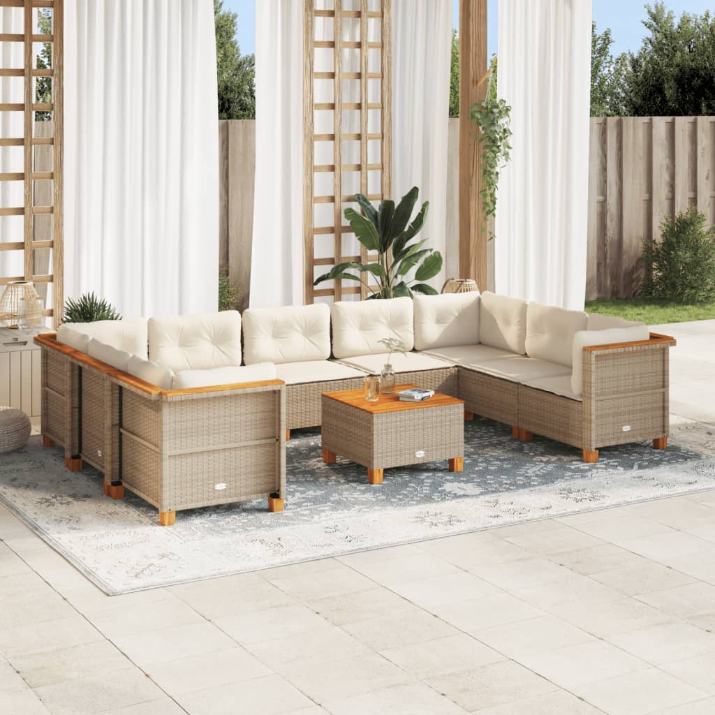 Set Divano da Giardino 10 pz con Cuscini Beige in Polyrattan