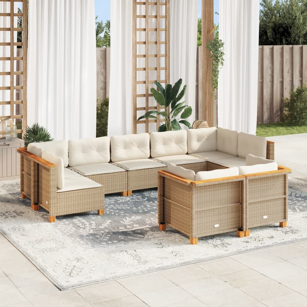 Set Divano da Giardino 9 pz con Cuscini Beige in Polyrattan