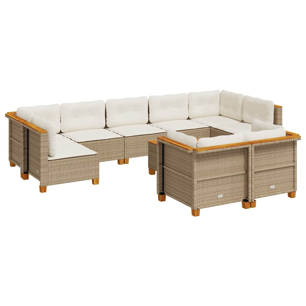 Set Divano da Giardino 10 pz con Cuscini Beige in Polyrattan