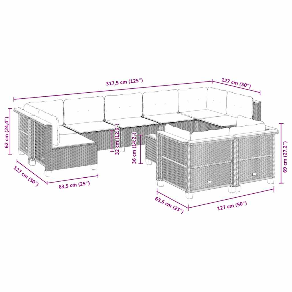 Set Divano da Giardino 10 pz con Cuscini Beige in Polyrattan