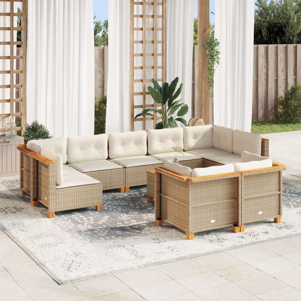 Set Divano da Giardino 10 pz con Cuscini Beige in Polyrattan