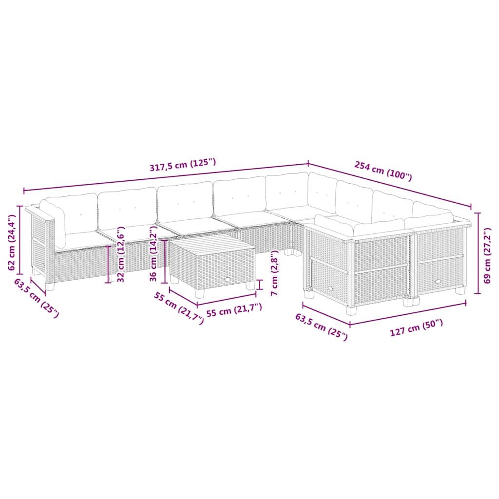 Set Divano da Giardino 10 pz con Cuscini Beige in Polyrattan