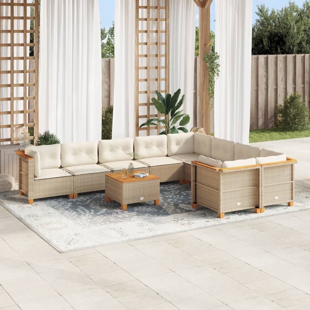 Set Divano da Giardino 10 pz con Cuscini Beige in Polyrattan