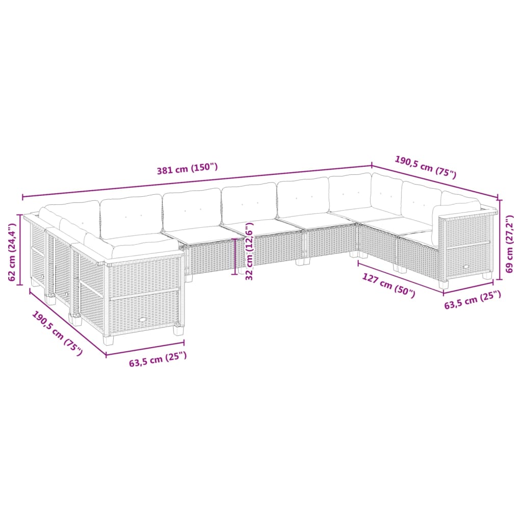 Set Divano da Giardino 10 pz con Cuscini Beige in Polyrattan