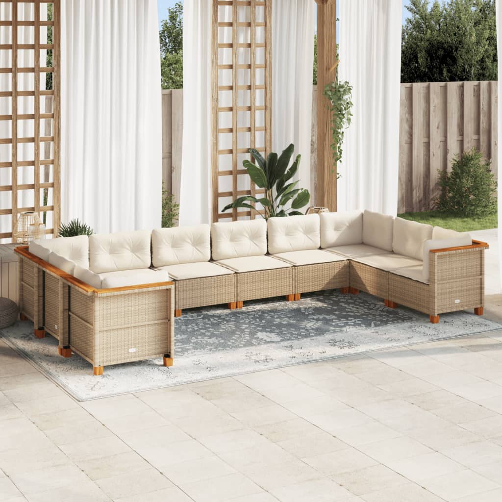 Set Divano da Giardino 10 pz con Cuscini Beige in Polyrattan