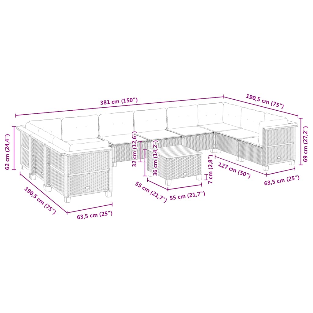 Set Divani da Giardino 11 pz con Cuscini Beige in Polyrattan