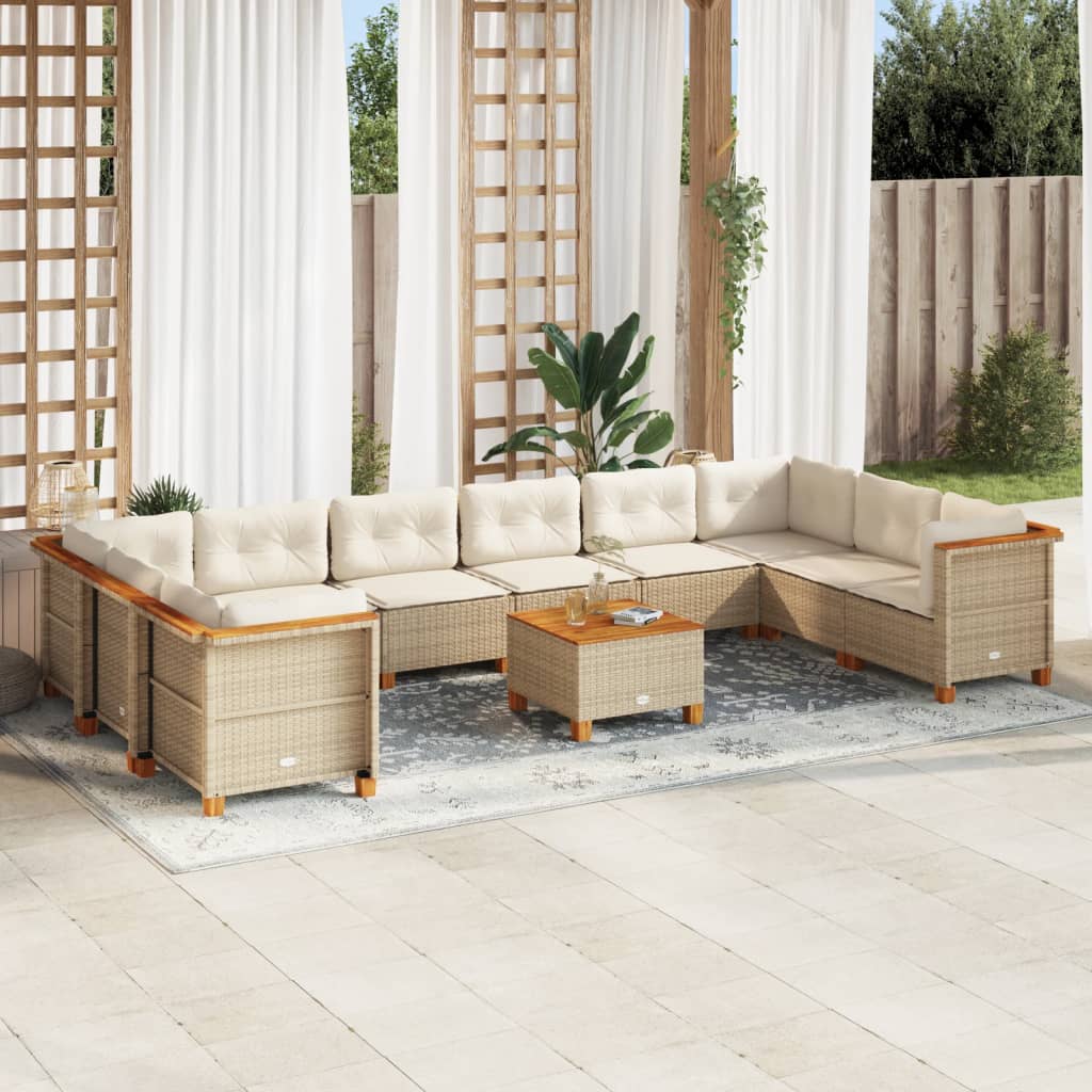 Set Divani da Giardino 11 pz con Cuscini Beige in Polyrattan