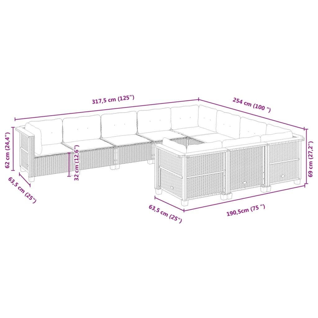 Set Divano da Giardino 10 pz con Cuscini Beige in Polyrattan